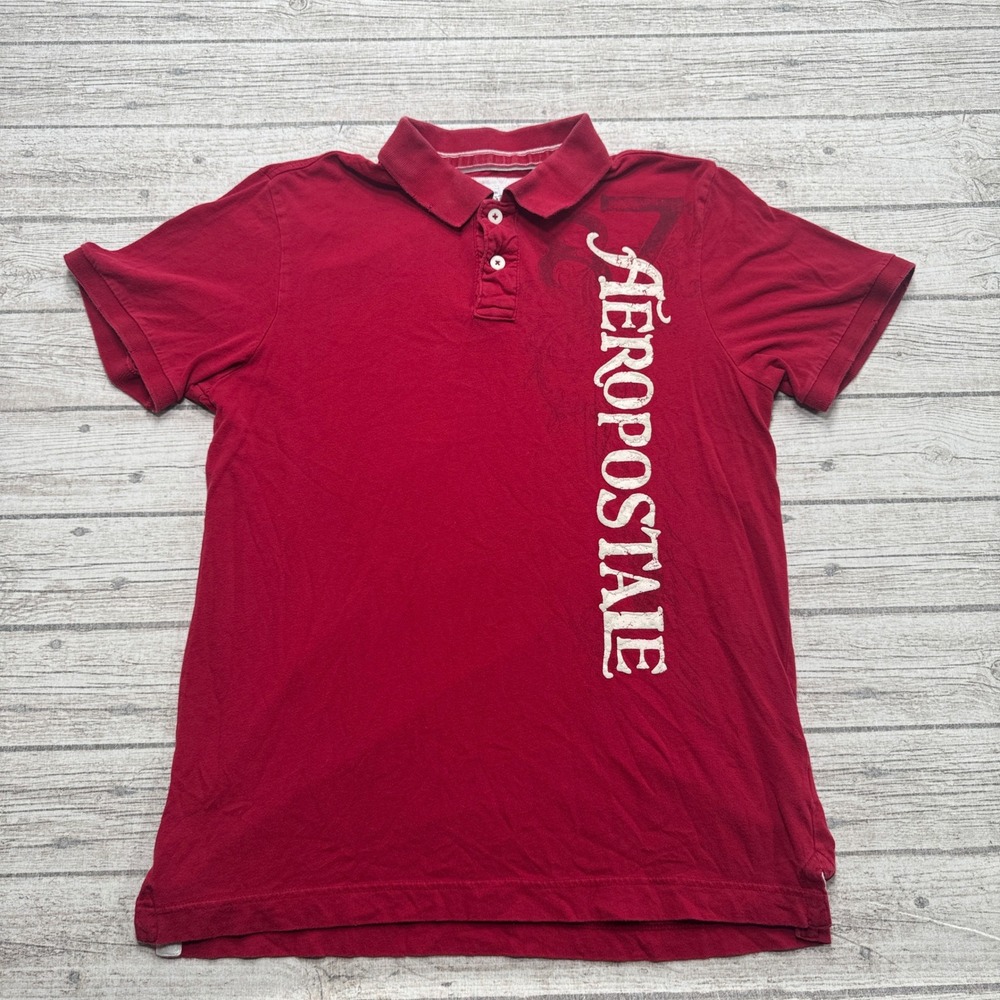 Y2K Aeropostale Polo Shirt Men's XL Red Spellout Logo Short Sleeve Cotton Preppy